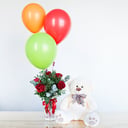 Red roses & Teddy bear with balloons