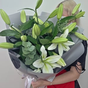 Lilies and eucalyptus bouquet