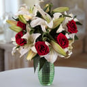 A bouquet of roses and lilies