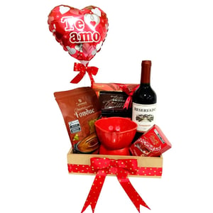basket of fondue and wine
