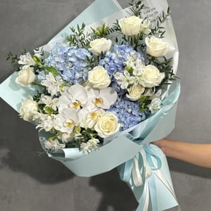 Blue Hydrangea and White Rose Bouquet