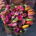 Heart with peony roses and macaroons