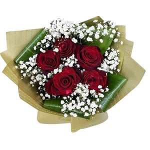 Classic bouquet with 5 red roses greener