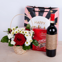 Flower basket, Sweets and Wine