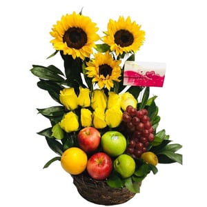 Sunflowers and roses with fruits