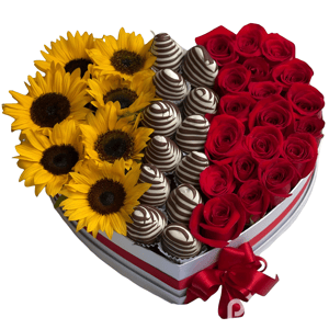 Heart of sunflowers, strawberries and roses