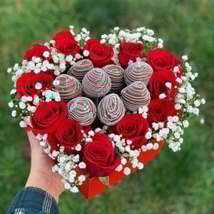 Heart with chocolate covered strawberries and roses