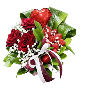 Red Roses and Strawberry Bouquet with He