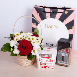 Flower basket, coffee and sweets
