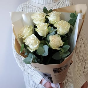Bouquet of white roses with eucalyptus