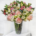 Bouquet for Just Married: cream Roses, Spray Roses and Lisianthuses
