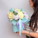Composition in a Box of White Chrysanthemums, Roses, and Carnations
