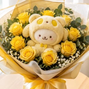 Bouquet of 12 Yellow Roses with a Plush Teddy Bear (Size M)