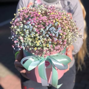 Hat box with flowers 'Rainbow Gypsophila in a Box'