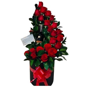 Arreglo de rosas y Baileys