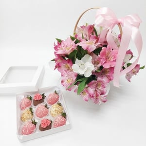 Chocolate-dipped strawberries gift set and a flower basket