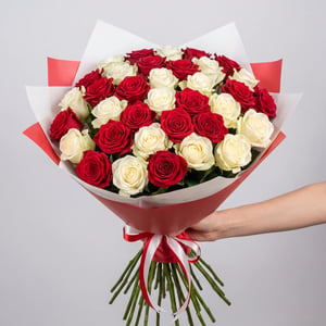 Blumenstrauß 'Strauß aus 33 rot-weißen Rosen, 50 cm lang'