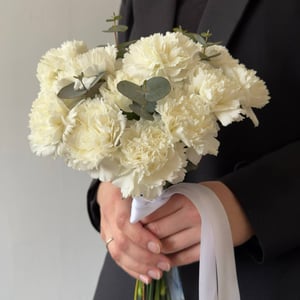 Bridal bouquet: white dianthus and eucalyptus