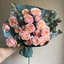 Bouquet of peony roses and eucalyptus