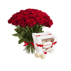 Blumenstrauß '25 rote Rosen und Raffaello'