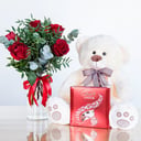 Red roses with Teddy bear & Chocolates
